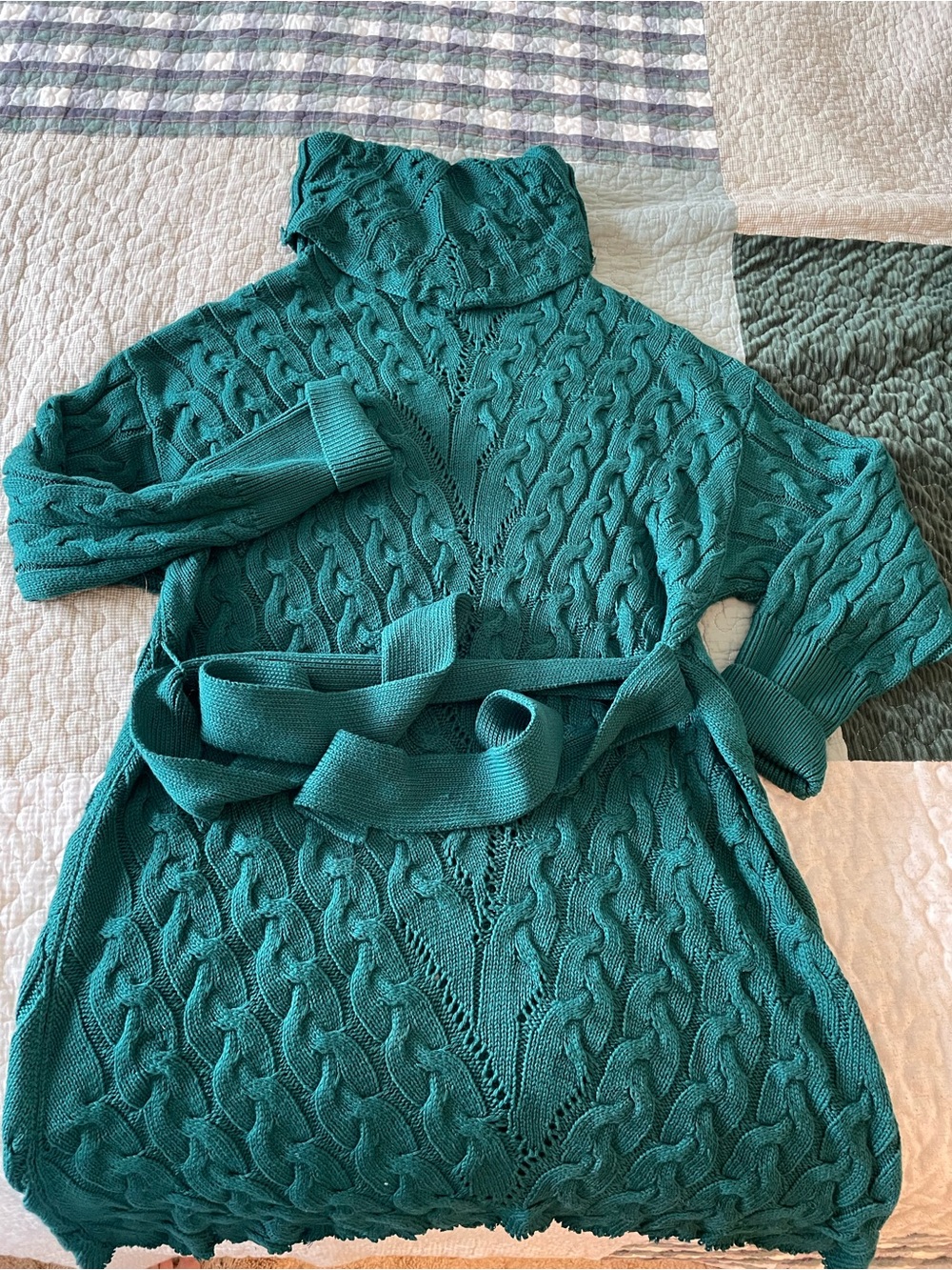 Aura Emerald Cable Knit Turtleneck Sweater Dress with Belt